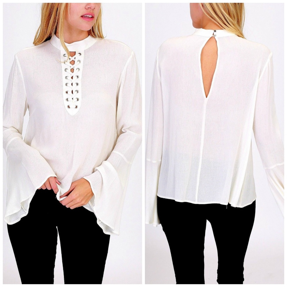 Lace Up Choker Neck Long Bell Sleeve Flowy Tunic - Picture 5 of 8